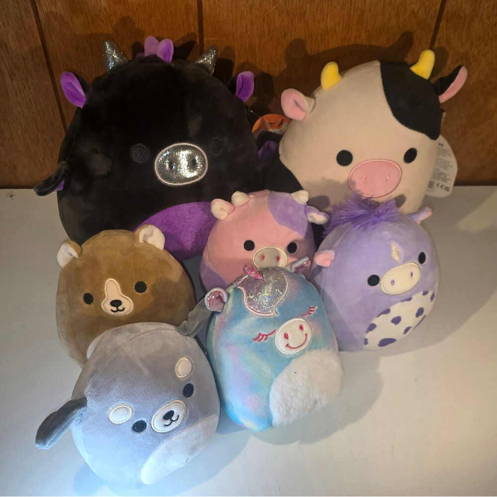 Squishmallows Plush Lot of 7 Stuffed Animals Mixed Sizes Cow Unicorn Bear Bat